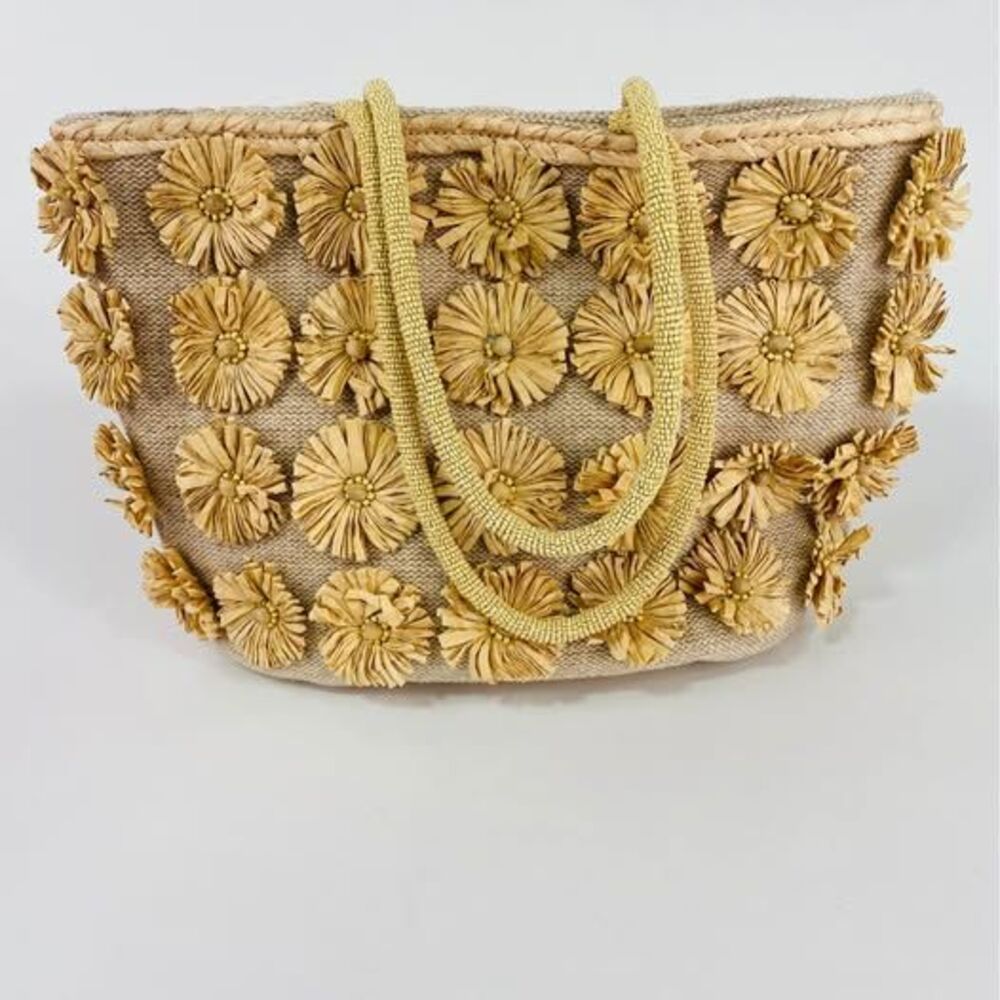 Floral Embellished Raffia Linen Summer Tote Handcrafted in India